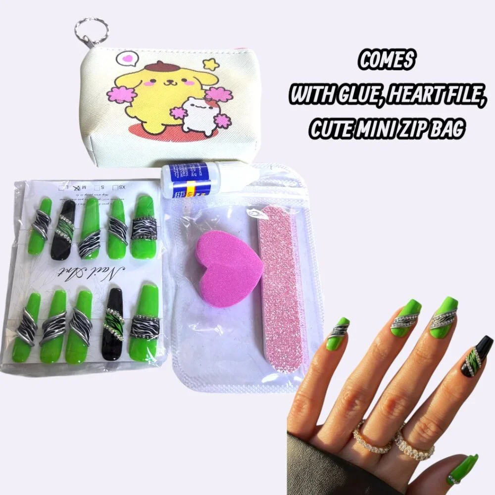 Y2K HANDMADE NEON GREEN‎ ZEBRA RHINESTONE FAKE NAIL SET MEDIUM NEW